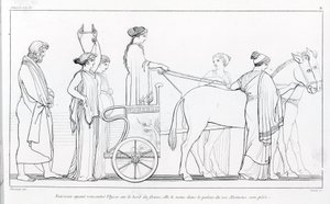 Nausicaa, che ha appena incontrato Ulisse, lo porta al palazzo di suo padre, il re Alcinoo. Disegno di John Flaxman (1755 - 1826). Odissea di Omero. Canto VI