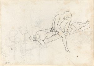 Uomo Seduto Affiancato da Due Figure Distese; Gruppo di Figure nell
