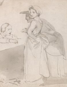 Due donne che parlano con un uomo al bancone da John Flaxman
