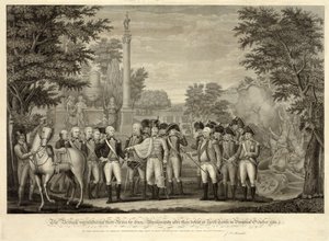 La resa delle armi britanniche al Gen. Washington dopo la loro sconfitta a York Town in Virginia ottobre 1781, pub. 1819 (incisione) da John Francis (after) Renault