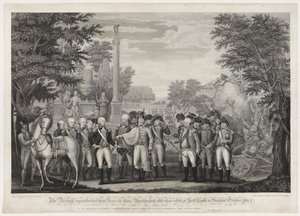 La resa delle armi britanniche al Gen. Washington dopo la loro sconfitta a York Town in Virginia, ottobre 1781 da John Francis (after) Renault