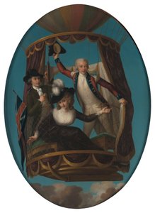 Il capitano Vincenzo Lunardi con il suo assistente George Biggin e la signora Letitia Anne Sage, in una mongolfiera