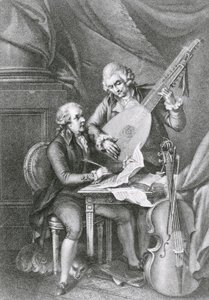 Ritratto di Franz Joseph Haydn e Wolfgang Amadeus Mozart che compongono musica per il liuto, inciso da Michele Benedetti da John Francis Rigaud