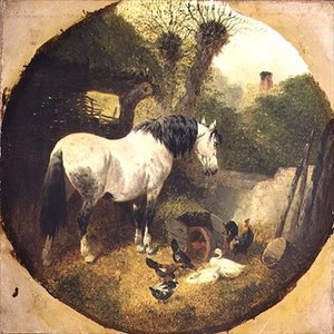 Un cavallo da tiro che mangia fieno da una carriola in un cortile della fattoria da John Frederick Herring Senior