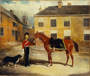 Un ufficiale delle Dragoon Guards, Carabinieri con il suo cavallo nel cortile della caserma da John Frederick Herring Senior
