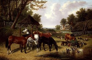 Cavalli vicino a uno stagno di fattoria da John Frederick Herring Senior