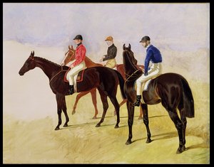 Studio di tre cavalli da steeplechase: Allen McDonough su Brunette, Tom Oliver su Discount e Jem Mason su Lottery, o tre cavalli da corsa con fantini