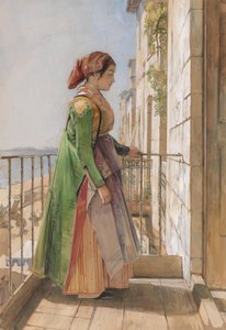 Una ragazza greca in piedi su un balcone
