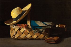 Cesto del mercato, cappello e ombrello