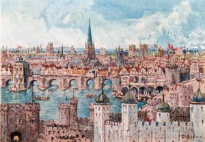 Il vecchio ponte di Londra nel 1386 (litografia a colori) da John Fulleylove