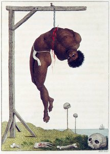 Una persona di colore impiccata viva per le Costole a una Forca, pub. 1796