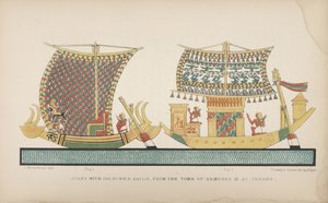 Barche con vele colorate, dalla tomba di Ramesse III a Tebe, illustrazione da "Usi e costumi degli antichi egizi..." da John Gardner Wilkinson