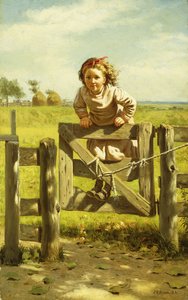 Giovane ragazza che dondola su un cancello da John George Brown