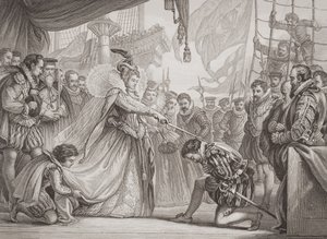La regina Elisabetta I (1530-1603) che nomina cavaliere Francis Drake (1540-96) da 