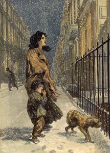 I poveri senza tetto, madre e figlio con cane nella neve da John Gilbert