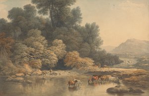 Paesaggio collinare con fiume e bestiame da John Glover