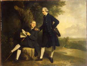 Doppio ritratto di Thomas Somers Cocks e Richard Cocks di Castleditch, entrambi a figura intera, il primo in un cappotto e gilet blu che tiene un tricorno nero, il secondo seduto in un cappotto e gilet blu che tiene un manoscritto, in un paesaggio da John Hamilton Mortimer