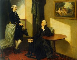 Doppio ritratto del reverendo John Cocks e James Cocks, entrambi a figura intera, il primo in abito clericale seduto su una sedia imbottita blu e bianca, il secondo in un cappotto e gilet blu appoggiato a una sedia simile, in un interno da John Hamilton Mortimer
