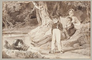 Quattro figure tra gli alberi in una giornata calda, 1807 da John Harden