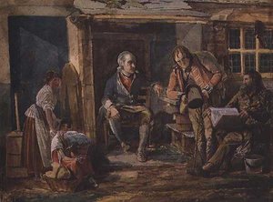 Gruppo incluso un soldato fuori dalla porta di un cottage da John Harden