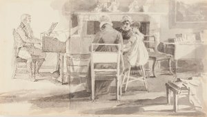 Uomo al pianoforte con tre altri seduti da John Harden