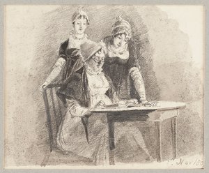 Tre a un tavolo, uno seduto, 1807