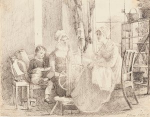 Donne alla ruota di filatura e un ragazzo con una barca giocattolo, 1807