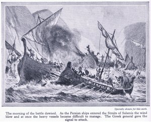 Battaglia di Salamina: mentre le navi persiane entravano nello stretto di Salamina il vento soffiava e diventavano difficili da gestire, c.1950