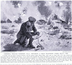 Il caporale William Scothern RGA che ripara un telefono da campo sotto pesante fuoco, premiato con DCM a Ypres, maggio 1915