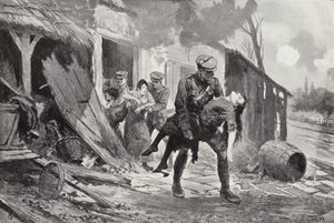 Il cannoniere J Rafferty che porta in salvo una donna ferita da una fattoria sotto bombardamento, Prima Guerra Mondiale