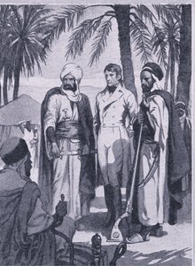 Nel 1853 David Livingstone con un piccolo gruppo di nativi intraprese un viaggio di 1000 miglia attraverso paludi e foreste, Newnes Pictorial Knowledge pubblicato da Newnes, c.1950 (litografia)