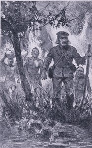 Livingstone sparò al leone, ma il leone lo attaccò mordendogli la spalla e rompendogli il braccio sinistro, Newnes Pictorial Knowledge pubblicato da Newnes, c.1950 da John Harris Valda