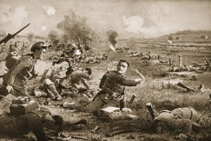 Il sergente B.C. Shea che raduna e incoraggia gli uomini del suo reggimento dopo essere stato gravemente ferito a Rouges Bancs da John Harris Valda