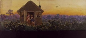 Le cime degli alberi al tramonto un anno dopo: Peter nella casetta con Wendy durante la sua visita annuale di pulizie di primavera, illustrazione per 