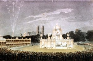 Spettacolo Pirotecnico tenuto a Green Park per celebrare la sconfitta di Napoleone, inciso da Matthew Dubourg pub. 1814
