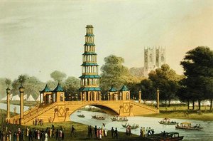 Il ponte cinese e la pagoda, eretti nel parco in commemorazione della Gloriosa Pace del 1814, incisi da Matthew Dubourg (fl.1785-20)