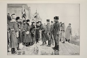 Lady Minto che presenta i colori al cavallo di Herchmer, in partenza da Ottawa, 19 gennaio 1900, da una fotografia di J.C. Hemment da John Henry Frederick Bacon