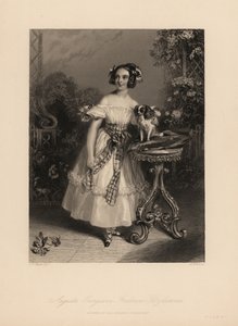 Augusta Georgina Frederica Fitzclarence, figlia di Lord Frederic Fitzclarence, figlio illegittimo del re Guglielmo IV. Indossa i capelli a boccoli e nastri, un vestito scollato con una fascia e tiene un cane King Charles su un cuscino da John James (after) Chalon