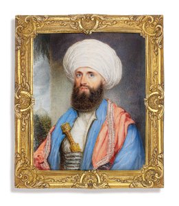 James Silk Buckingham, in camicia bianca con un cappotto azzurro chiaro, scialle ricamato rosa sulle spalle e turbante bianco con un pugnale fissato al suo cummerbund, sfondo paesaggistico con una moschea da John Jukes
