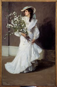 Primavera. Allegoria della primavera: ritratto di una donna vestita di bianco con un mazzo di fiori. Dipinto di Sir John Lavery (1856-1941)