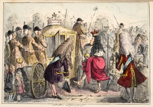 Georgey Porgey il Primo che esce per una passeggiata nella sua carrozza di stato, da The Comic History of England, pub. 1864 da John Leech