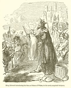 Il re Edoardo presenta suo figlio come Principe di Galles ai suoi nuovi sudditi da John Leech