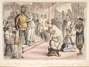 La regina Filippa intercede con Edoardo III per i sei borghesi di Calais, da The Comic History of England, pub. 1864