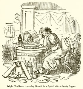 Scipione Emiliano che si prepara per un discorso dopo una cena abbondante da John Leech