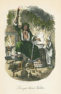 Il fantasma del Natale presente appare a Scrooge. Illustrazione di John Leech per 