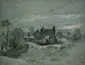 Un cottage in un paesaggio boscoso da John Linnell