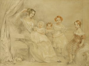 Ritratto della signora W.S. Fry e dei suoi quattro figli: Emma, Willy, Julie e Georgina, seduti in un interno, 1840