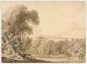 Figure sedute vicino a un lago in un paesaggio boscoso da John Martin