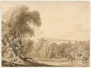 Figure sedute vicino a un lago in un paesaggio boscoso, 1820 da John Martin