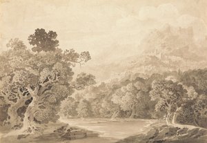 Riva Boscosa del Fiume, Città Collinare e Cime Montuose in Lontananza da John Martin